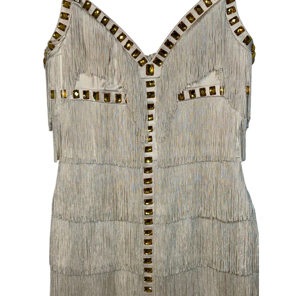 NWT Mandalay Cream Ivory Gold Beaded Fringe Midi Evening Cocktail Dress Womens 6 - Picture 3 of 16
